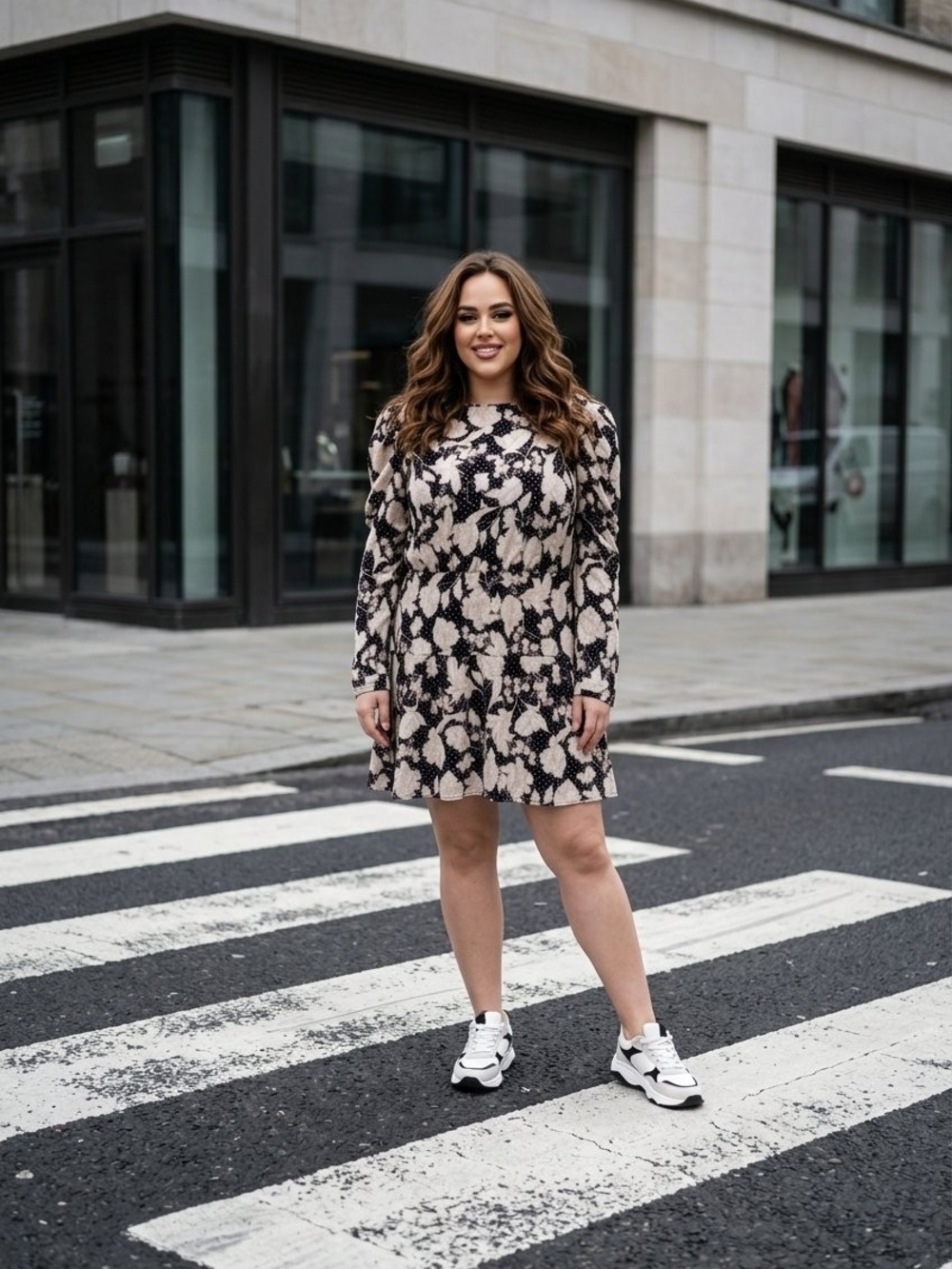 Guess Beige and Black Floral Long-Sleeve Shift Dress